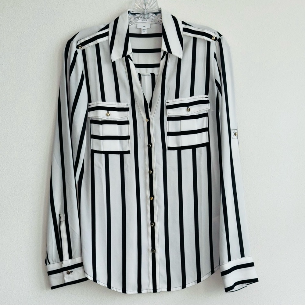 EXPRESS Womens Portofino Slim Fit Striped Button Down Shirt Black White Small